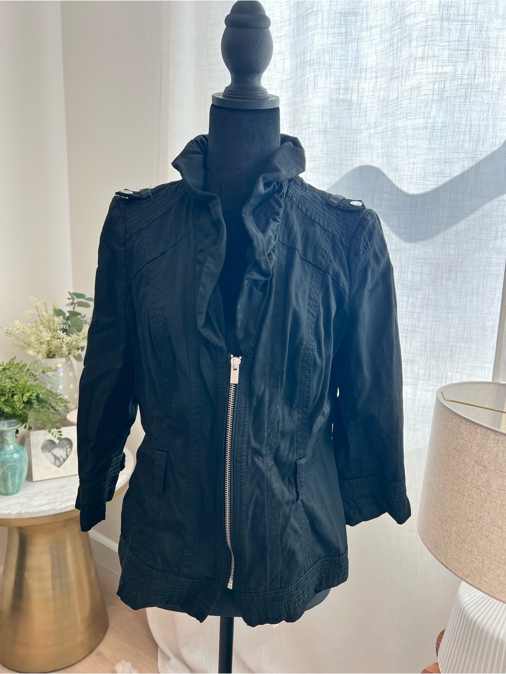 White House Black Market Black Ruffled Zip-Front Jacket